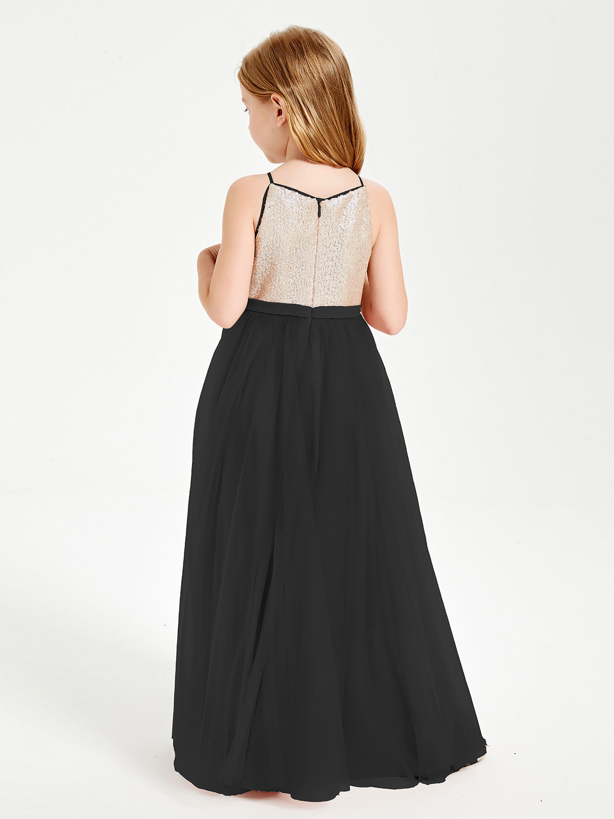 Sequined Top Long Tulle Junior Bridesmaid Gown Black